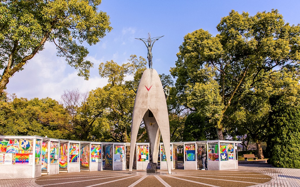 Children's Peace Monument with colorful artwork displays, Hiroshima Peace Park.