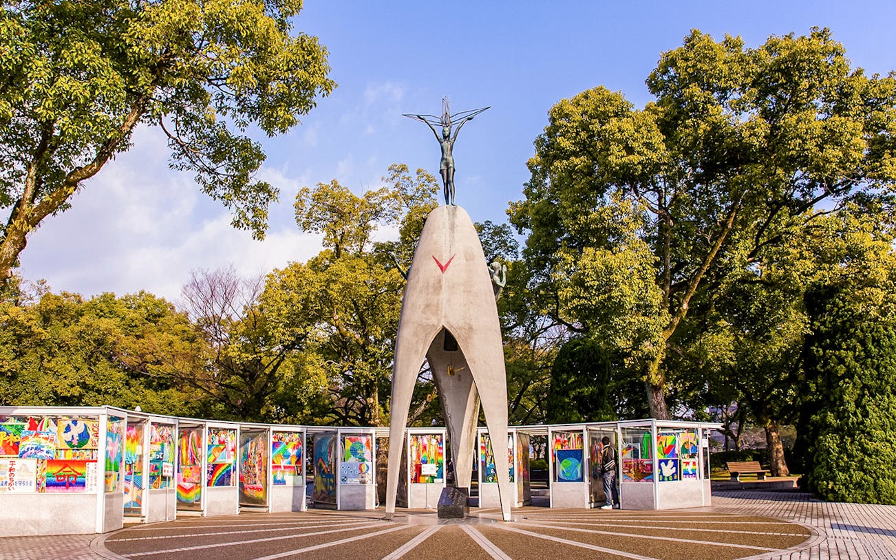Children's Peace Monument with colorful artwork displays, Hiroshima Peace Park.