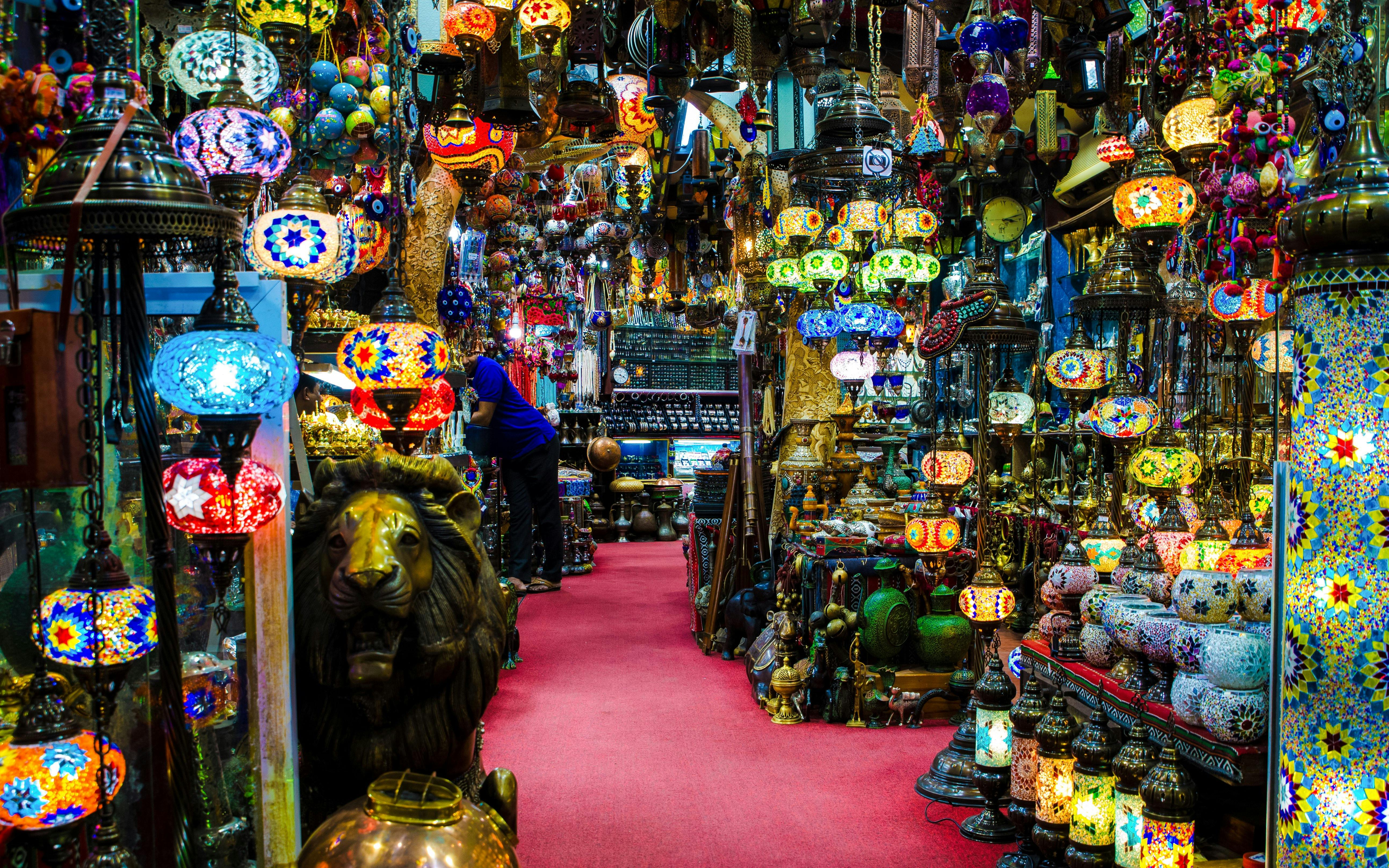Colorful mosaic lamps displayed in Souq Muttrah, Muscat, Oman.