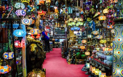 Colorful mosaic lamps displayed in Souq Muttrah, Muscat, Oman.