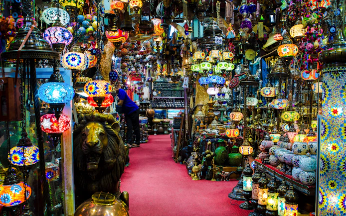 Colorful mosaic lamps displayed in Souq Muttrah, Muscat, Oman.