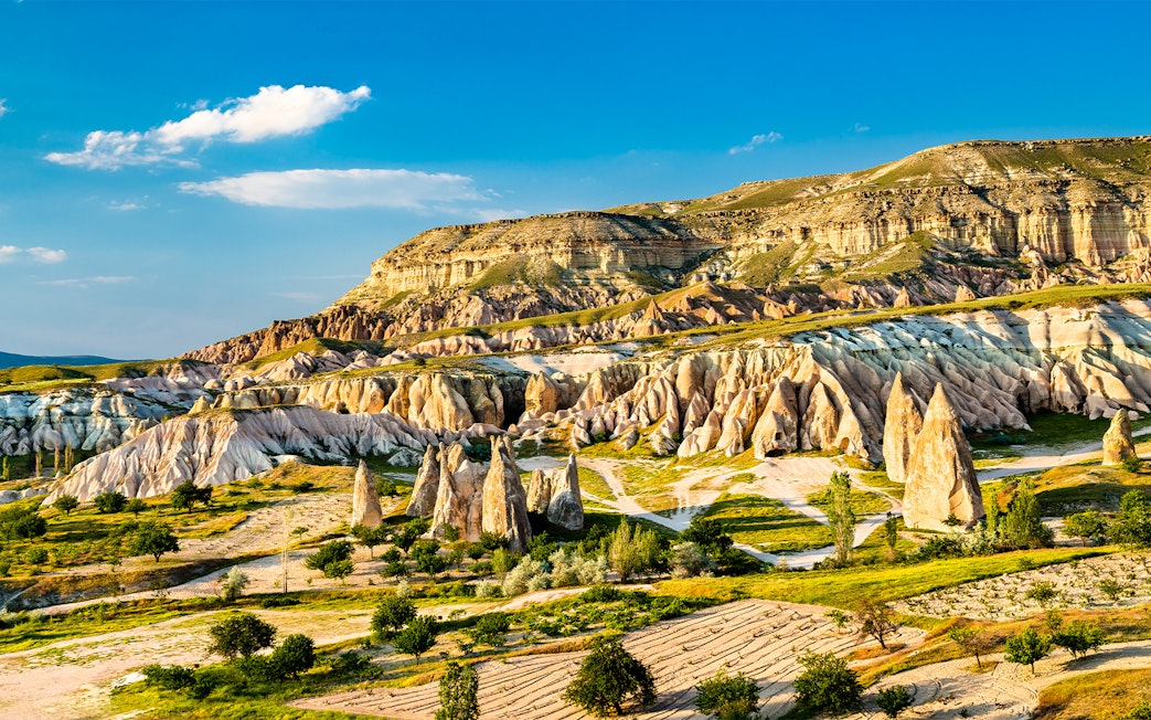 Rock formations in Goreme Valley, Cappadocia, with unique geological shapes and vibrant landscape.