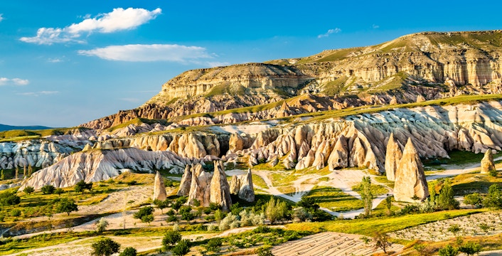 Rock formations in Goreme Valley, Cappadocia, with unique geological shapes and vibrant landscape.