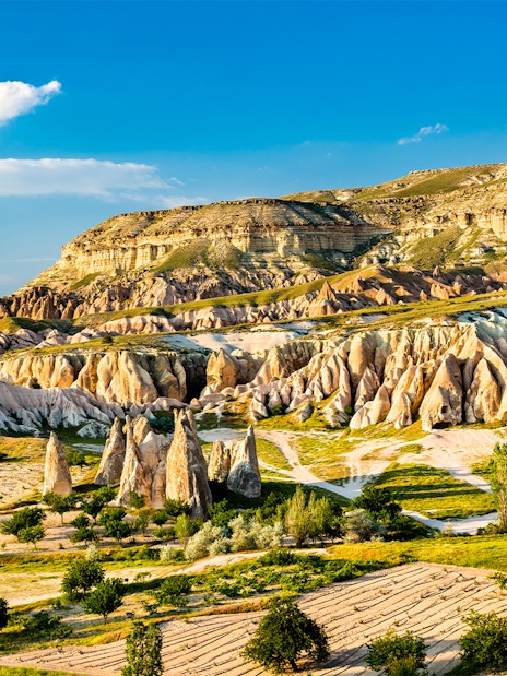 Rock formations in Goreme Valley, Cappadocia, with unique geological shapes and vibrant landscape.