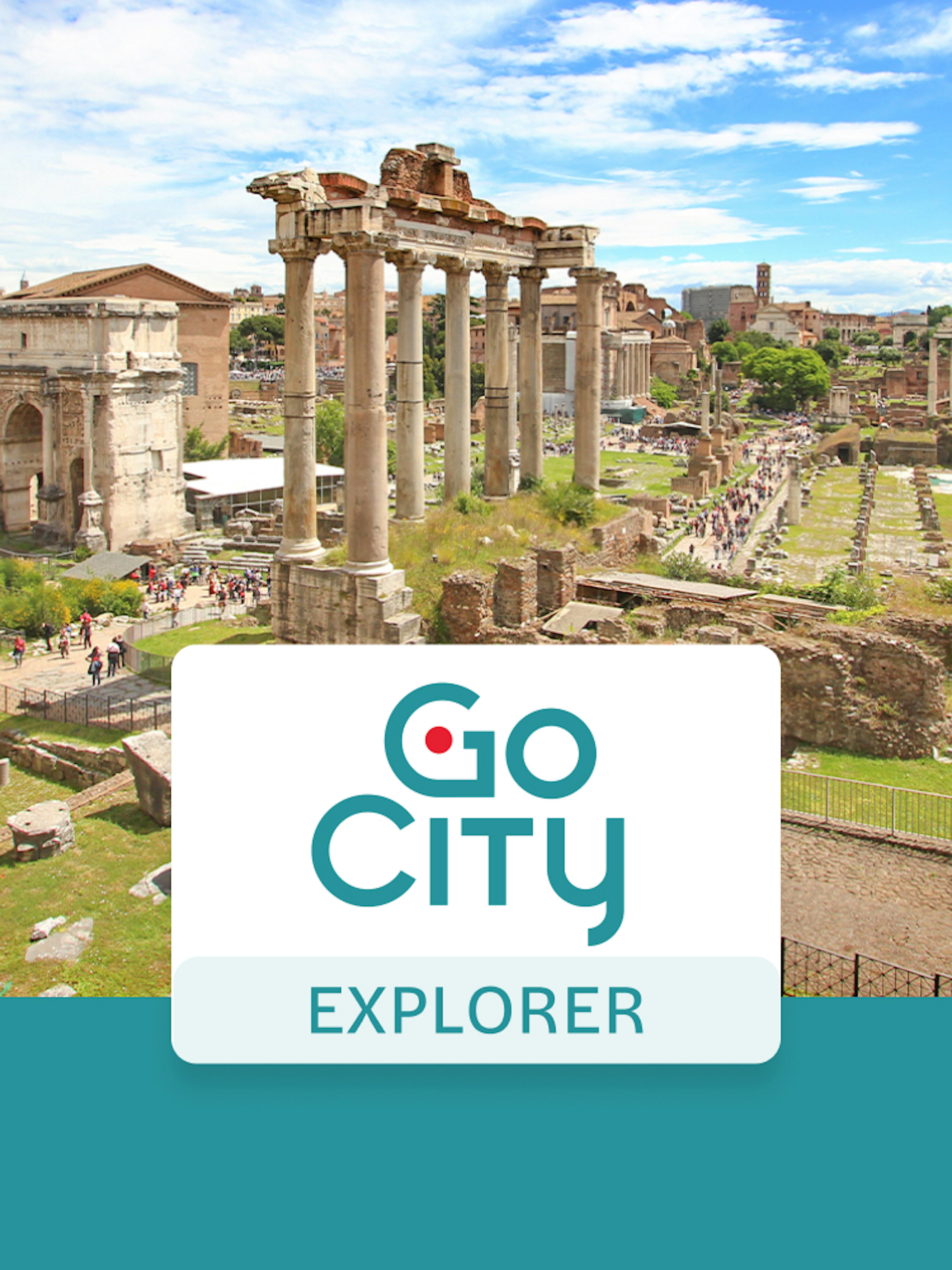 Roman Forum ruins with Go City Rome Explorer Pass logo.