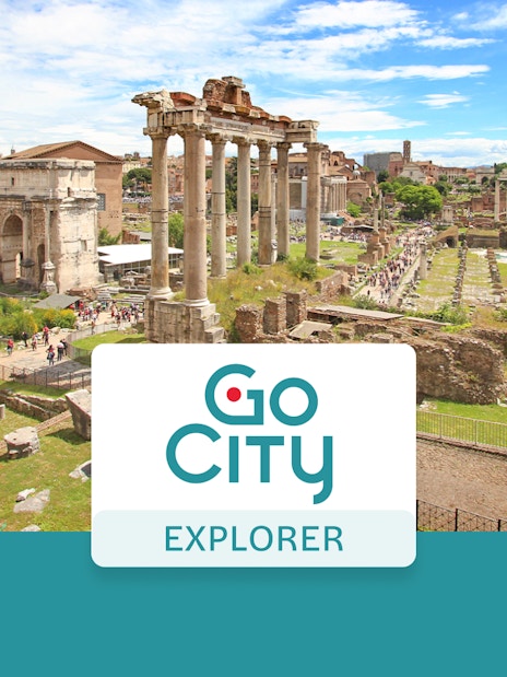 Roman Forum ruins with Go City Rome Explorer Pass logo.