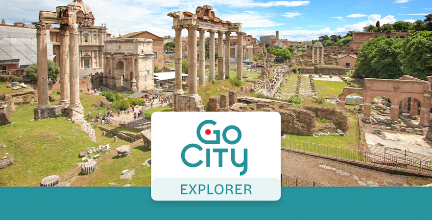 Roman Forum ruins with Go City Rome Explorer Pass logo.