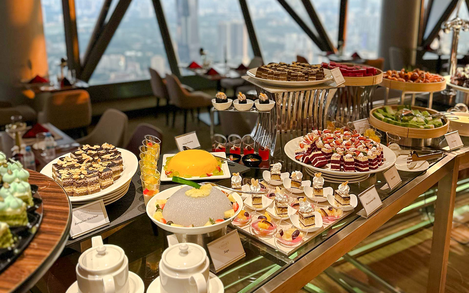 Lunch buffet with assorted desserts at ORBIT Revolving Dining, KL Tower.