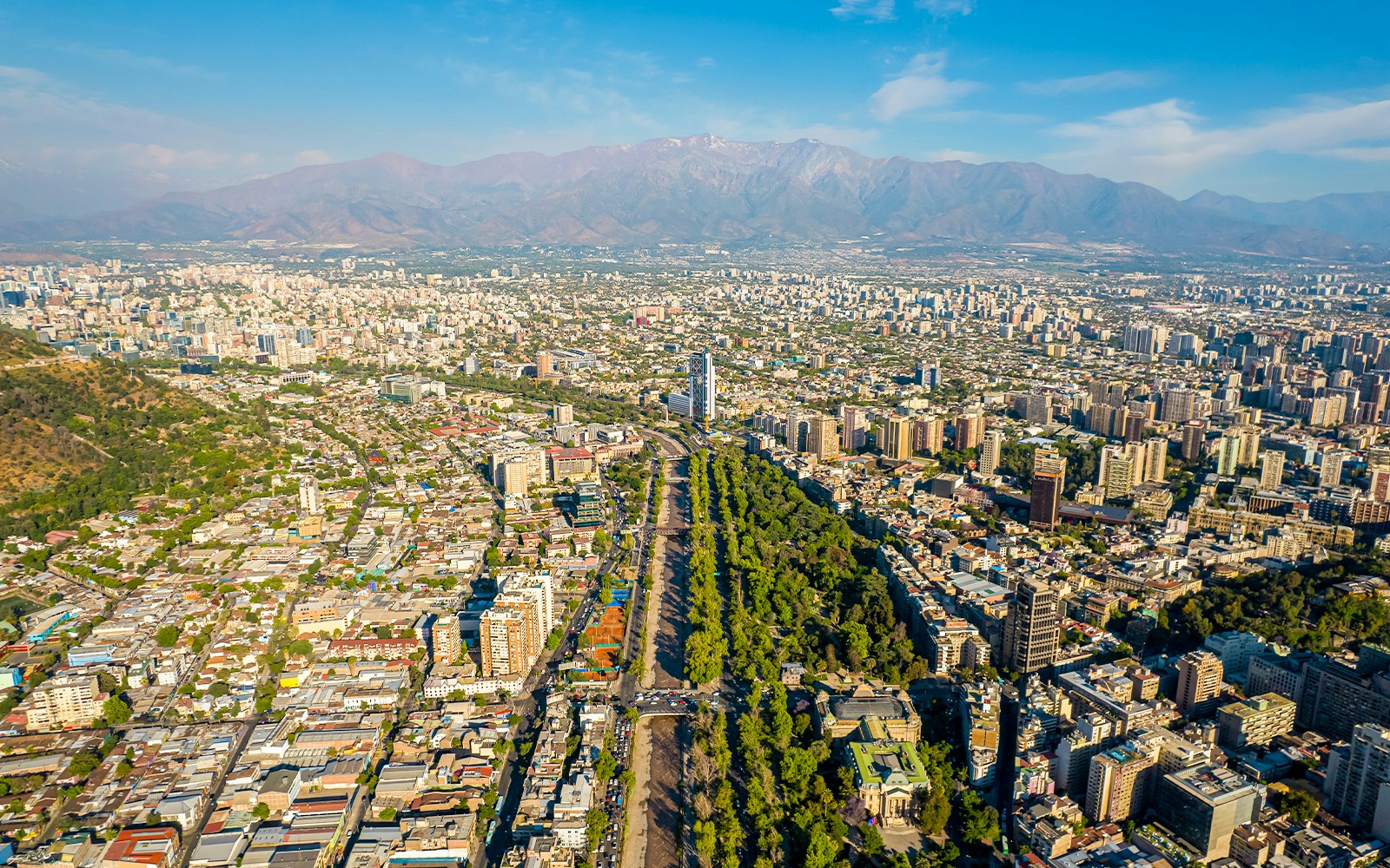Aerial view of Santiago de Chile with Plaza de Armas, Metropolitan Cathedral, and Mopocho River from Sky Costanera.