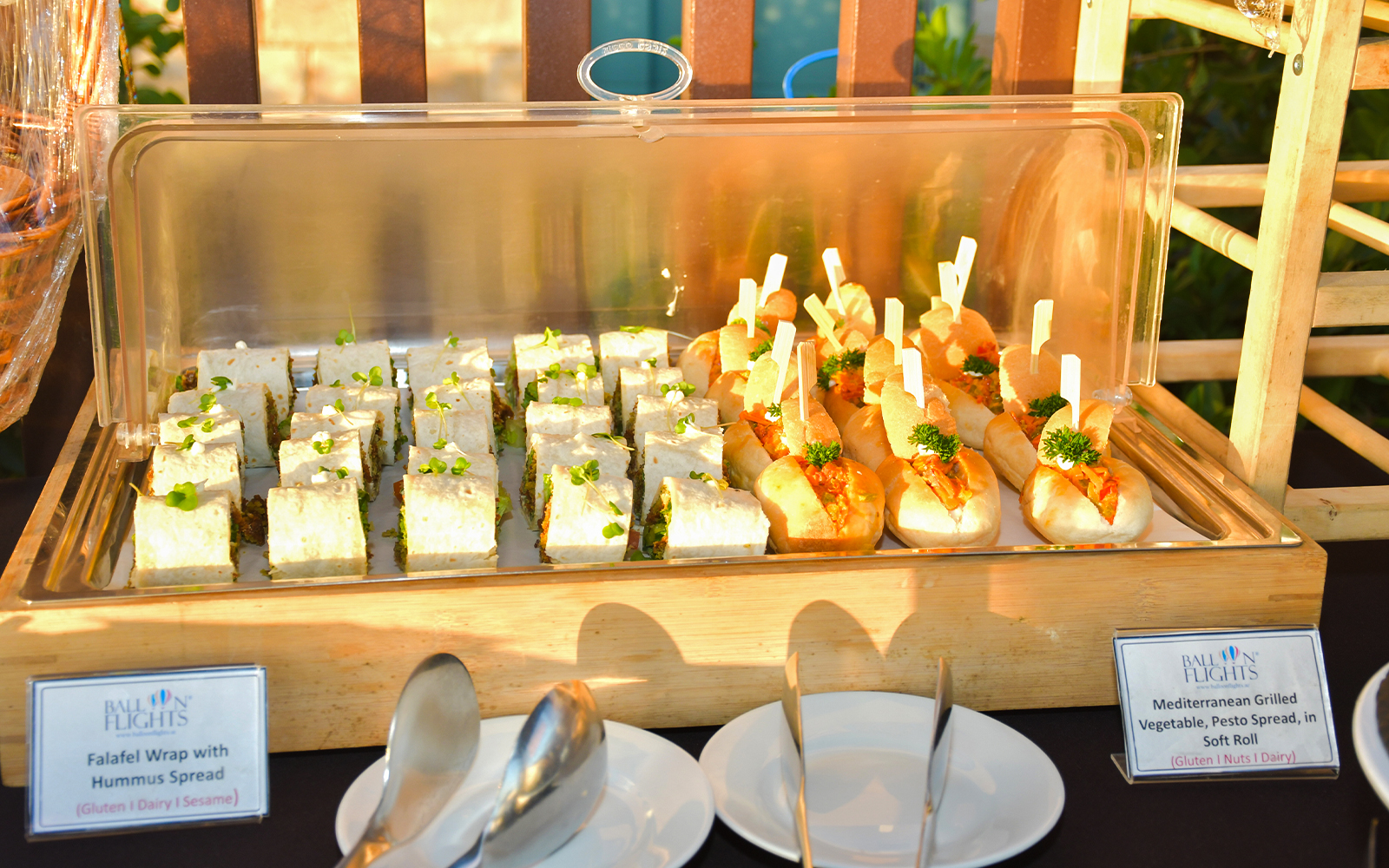 Falafel wraps and Mediterranean rolls served for breakfast on hot air balloon tour.