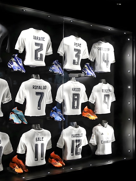 Jerseys and shoes on display at Santiago Bernabeu Stadium.