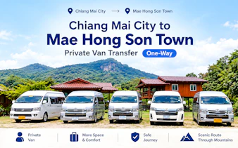 Private vans parked with mountain backdrop for Chiang Mai to Mae Hong Son transfer.