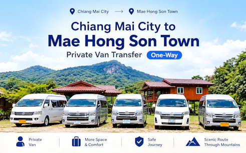 Private vans parked with mountain backdrop for Chiang Mai to Mae Hong Son transfer.