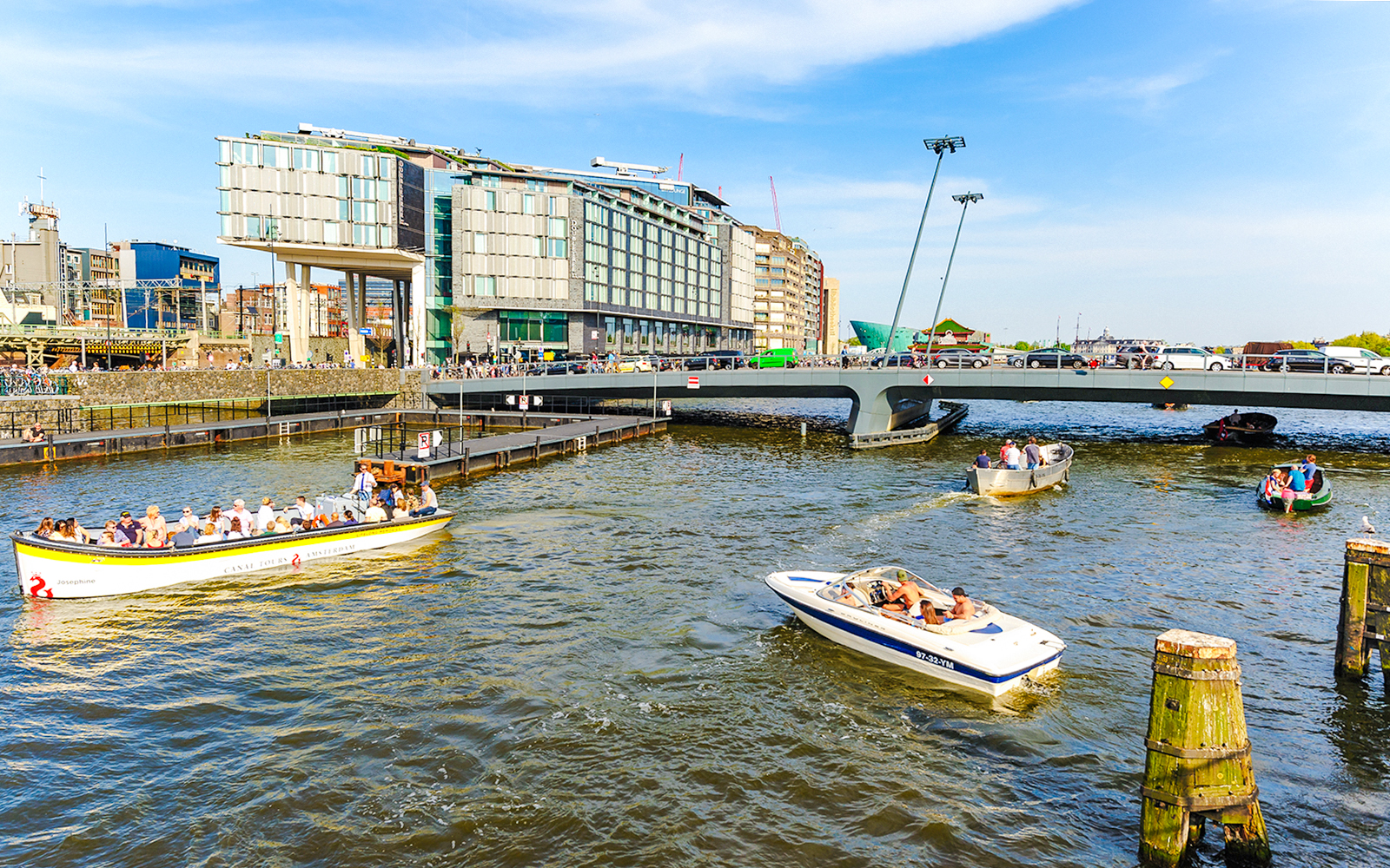 Boats on a canal near DoubleTree Hilton Hotel in Amsterdam.