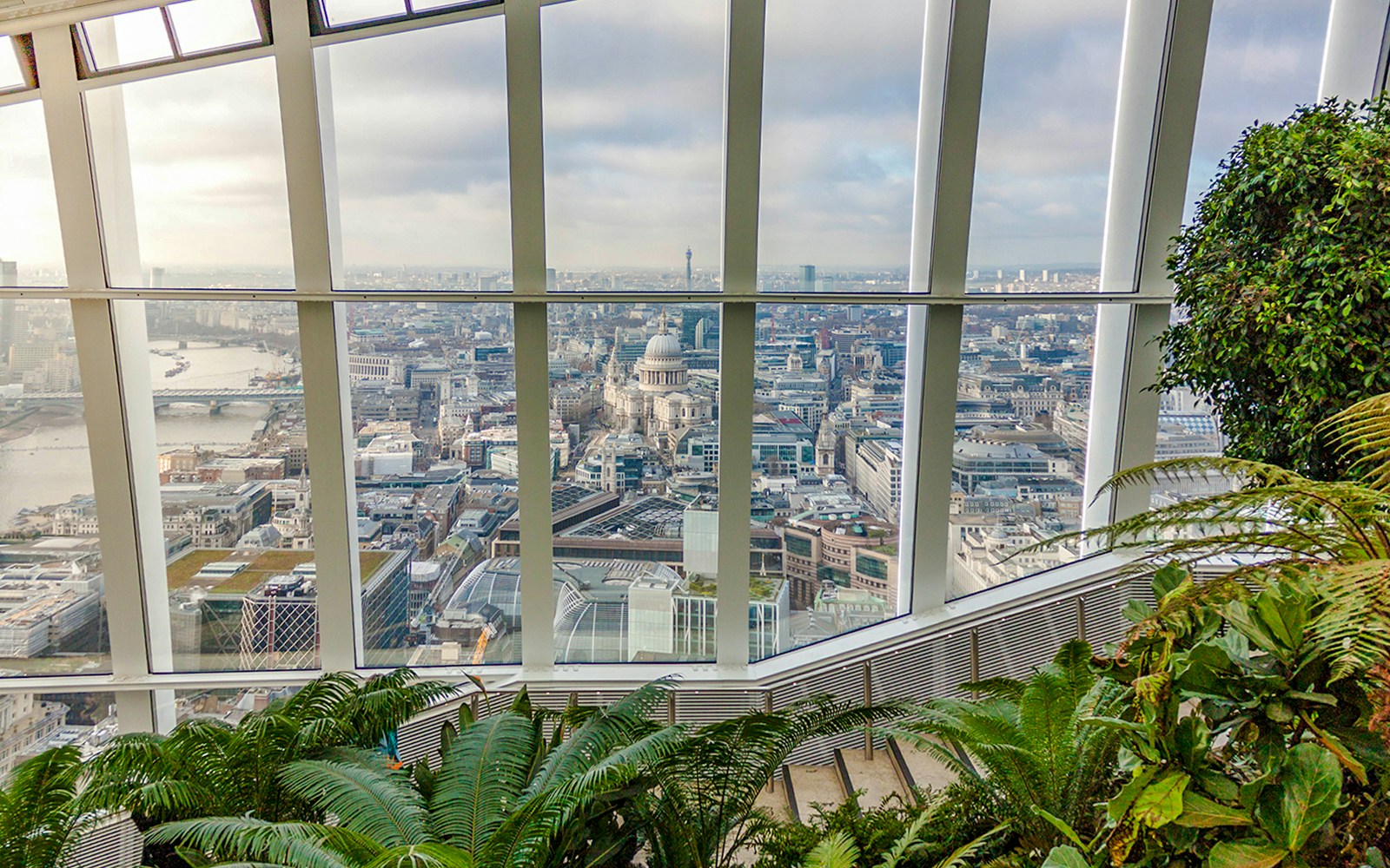 View of London skyline from Sky Garden with St. Paul's Cathedral visible.
