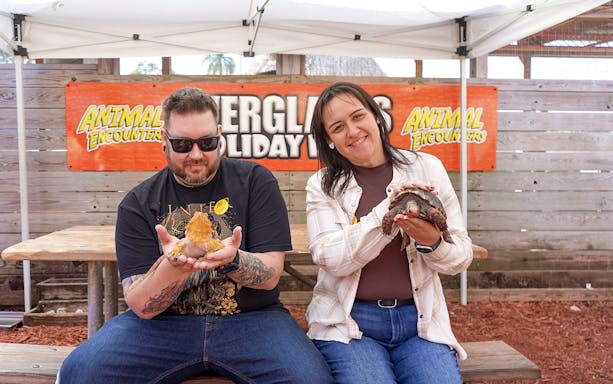 Guests holding reptiles at Everglades Holiday Park animal encounter.