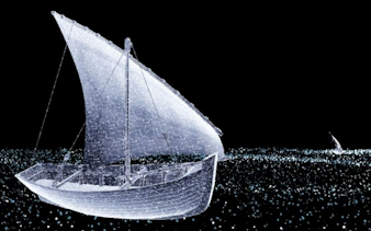 Sailboat illuminated at night during Diya Experience at Sheikh Zayed Grand Mosque Centre.