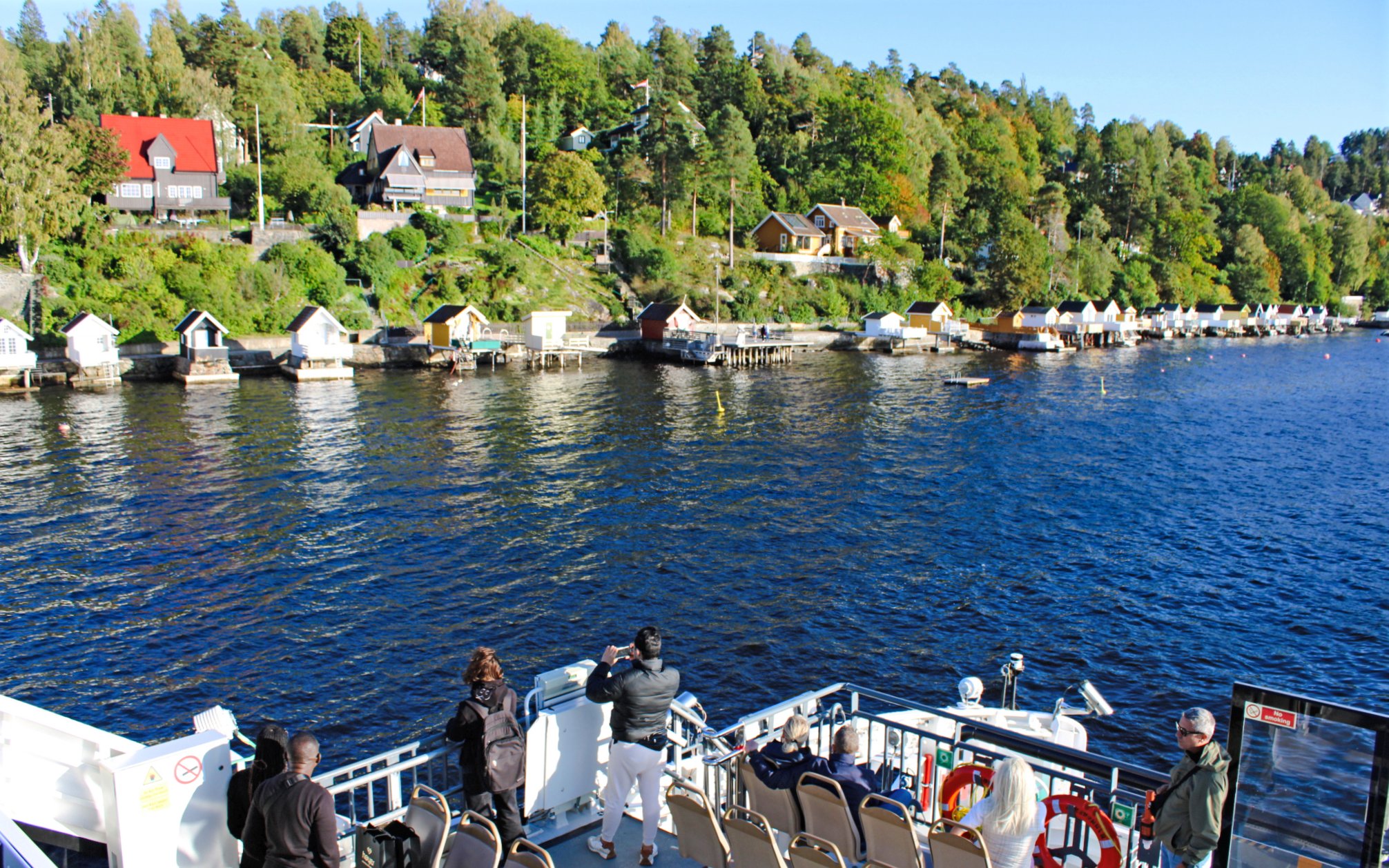 Sightseeing cruise passengers view Oslo fjord coastline with houses and greenery.