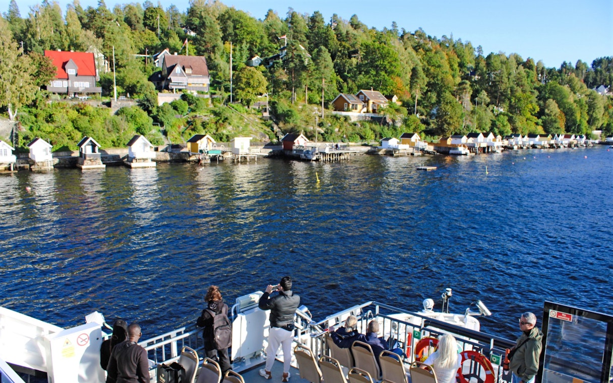 Sightseeing cruise passengers view Oslo fjord coastline with houses and greenery.