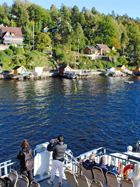 Sightseeing cruise passengers view Oslo fjord coastline with houses and greenery.