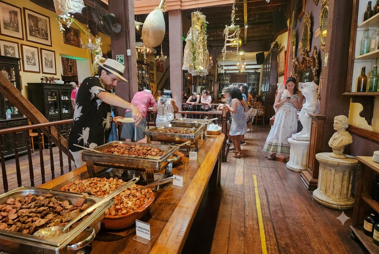 Buffet at Rio Scenarium with Brazilian dishes and patrons enjoying the vibrant atmosphere, Rio de Janeiro.