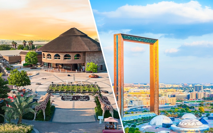 Dubai Safari Park entrance and Dubai Frame against city skyline.
