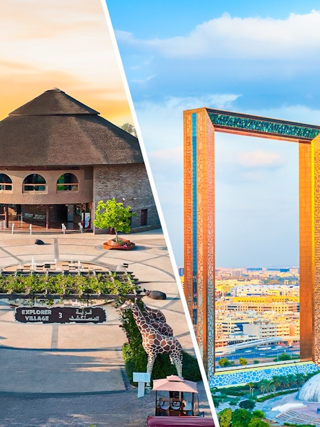 Dubai Safari Park entrance and Dubai Frame against city skyline.