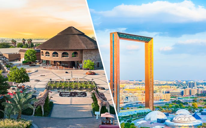 Dubai Safari Park entrance and Dubai Frame against city skyline.
