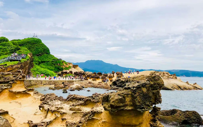 Yehliu Geopark's unique rock formations and coastal landscape in New Taipei City, Taiwan.