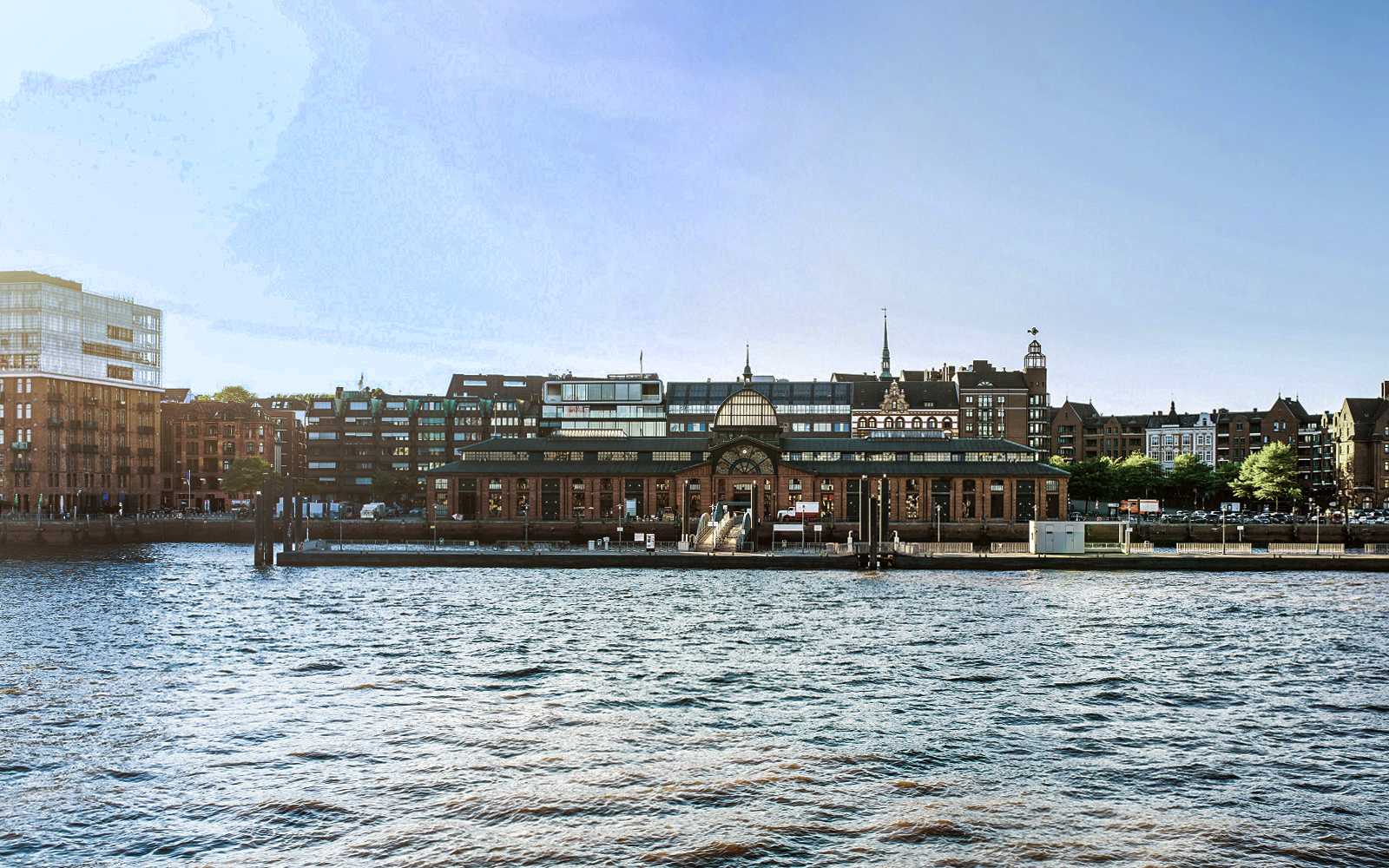 Harbor view of historic buildings during 1h boat tour with live commentary.