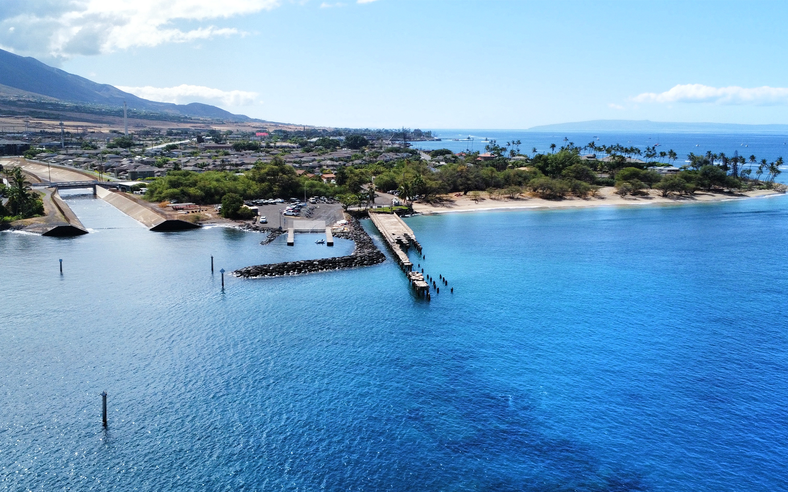 Aerial view of Mala Wharf in Maui, starting point for Turtle and Shark Dive Tour.