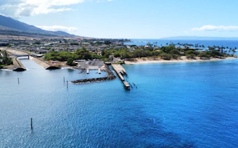 Aerial view of Mala Wharf in Maui, starting point for Turtle and Shark Dive Tour.