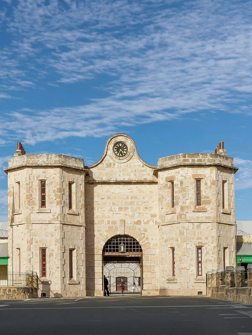 Fremantle Prison entrance under a sunny sky, Western Australia.