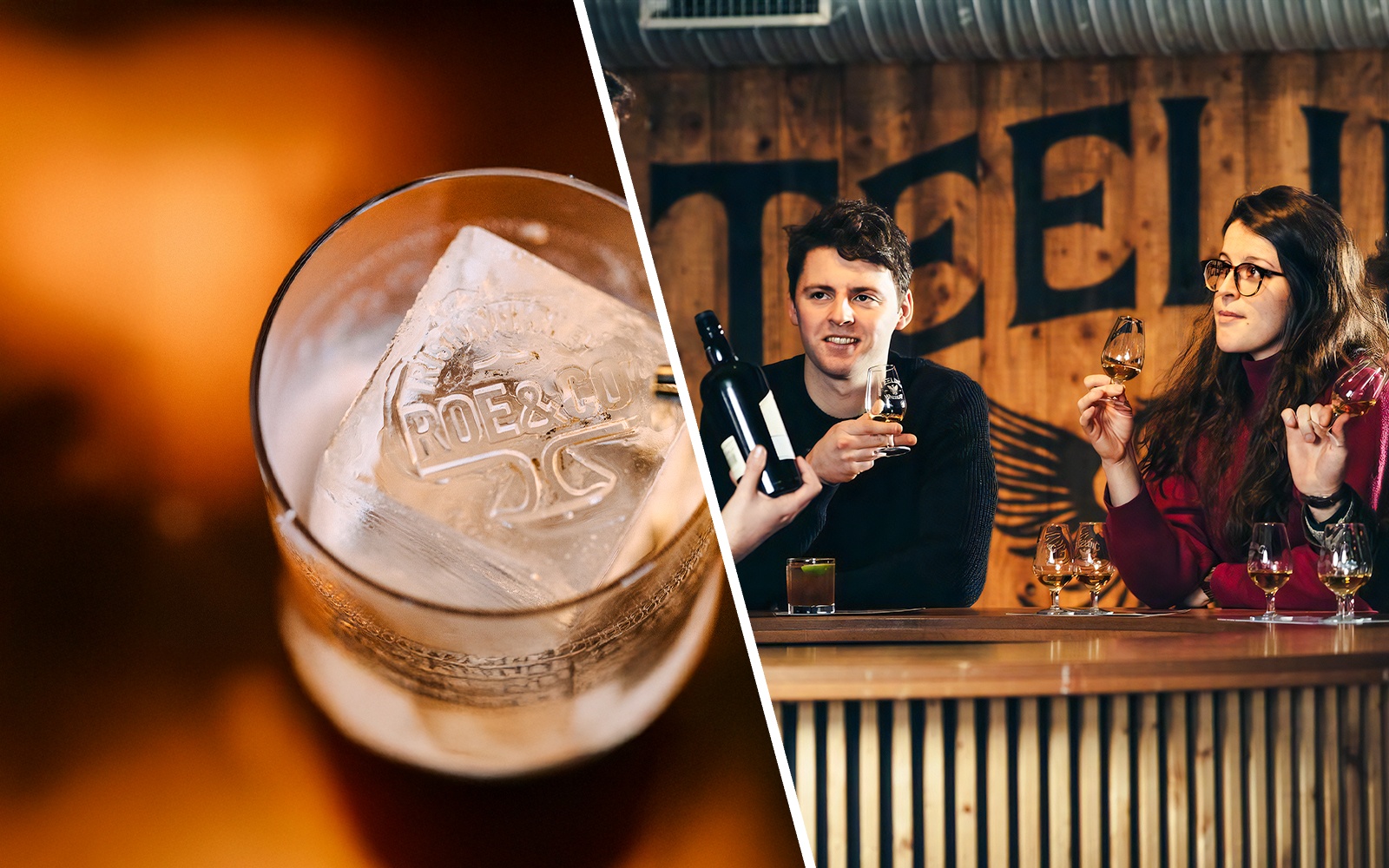 Roe & Co branded ice cube in glass and people tasting whiskey at Teeling Distillery.