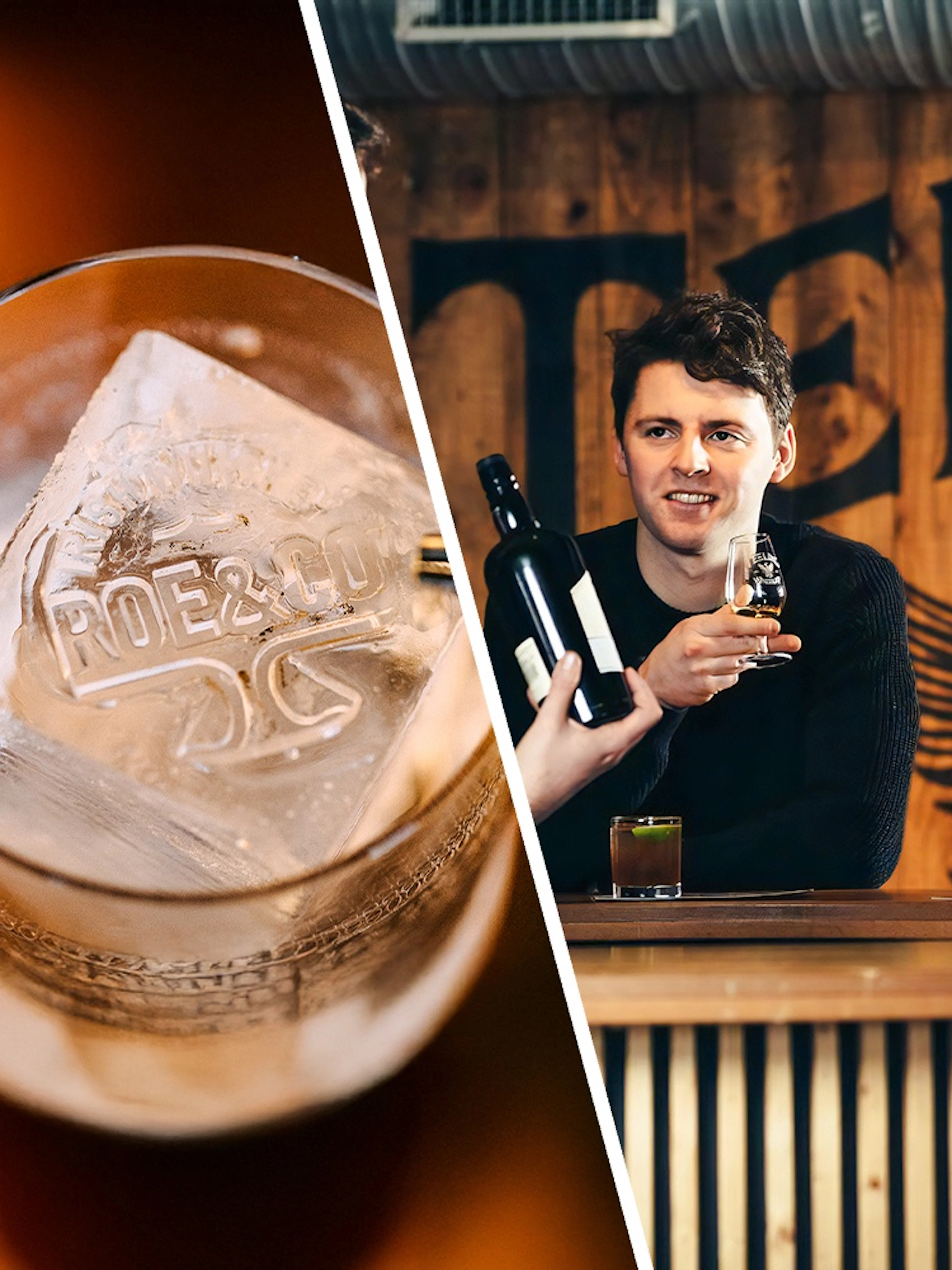Roe & Co branded ice cube in glass and people tasting whiskey at Teeling Distillery.