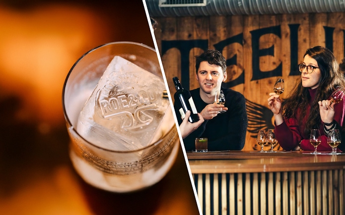 Roe & Co branded ice cube in glass and people tasting whiskey at Teeling Distillery.