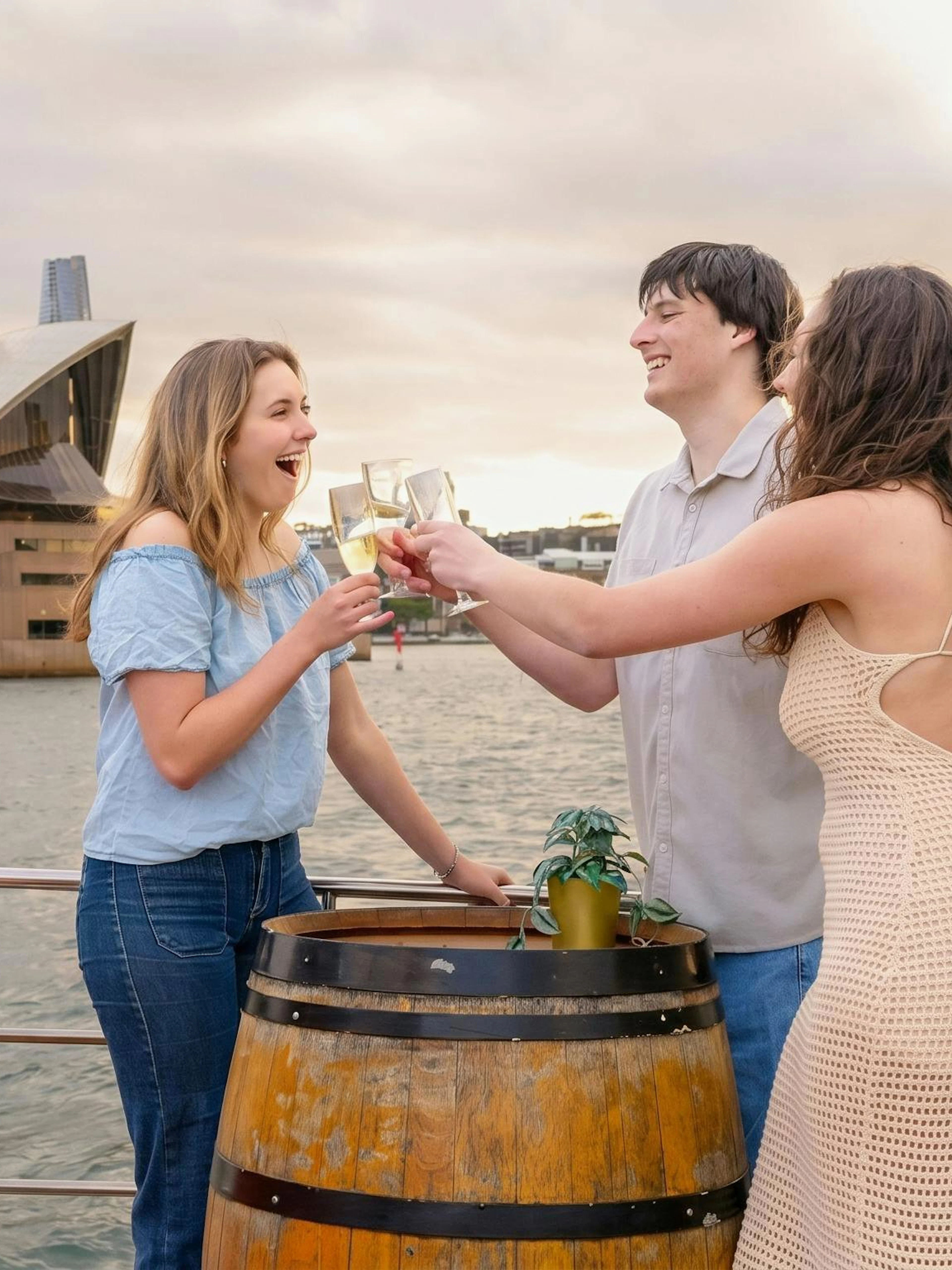 Friends toasting on a Sydney Harbour cruise with the Opera House in the background.