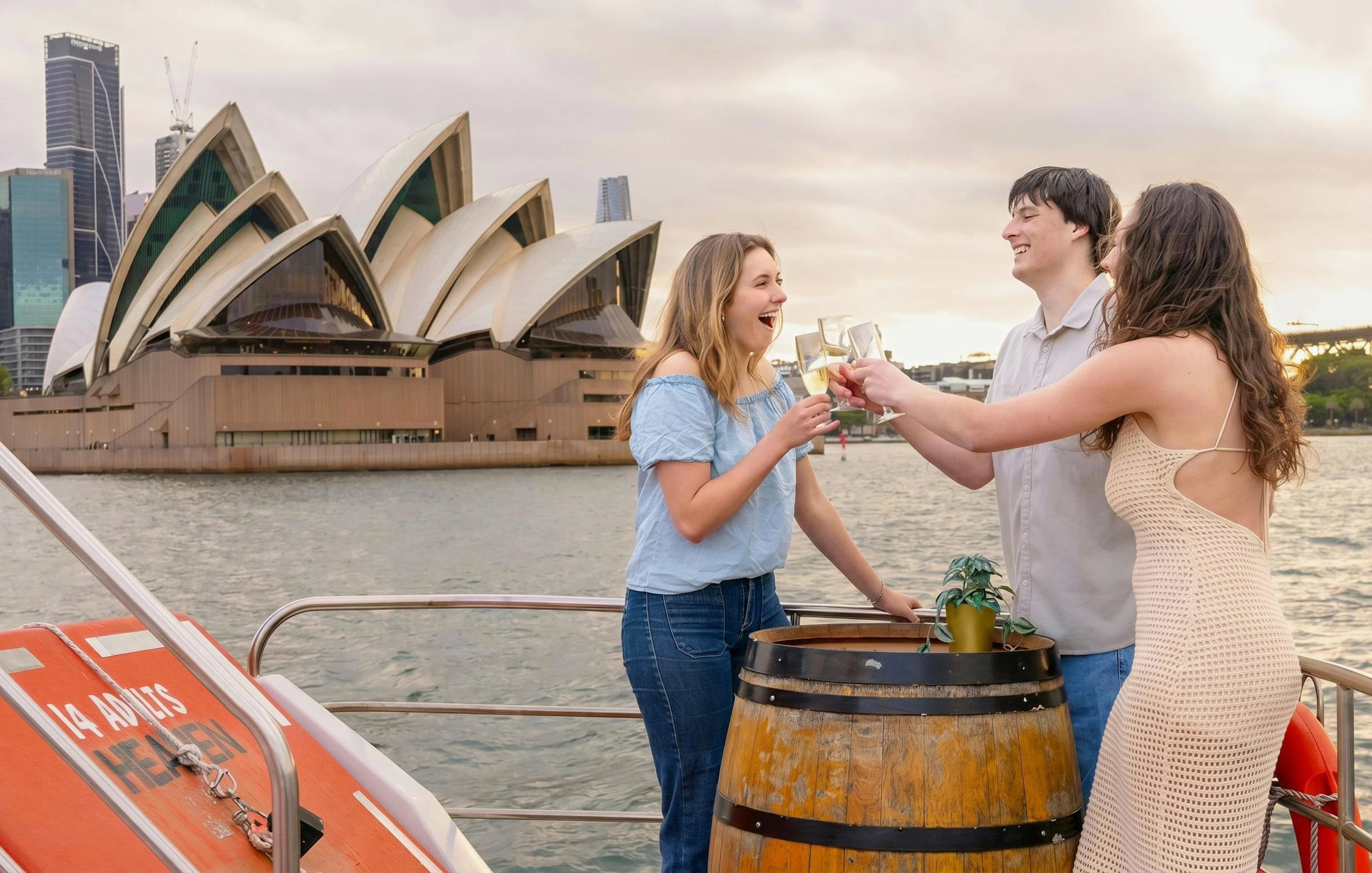 Friends toasting on a Sydney Harbour cruise with the Opera House in the background.