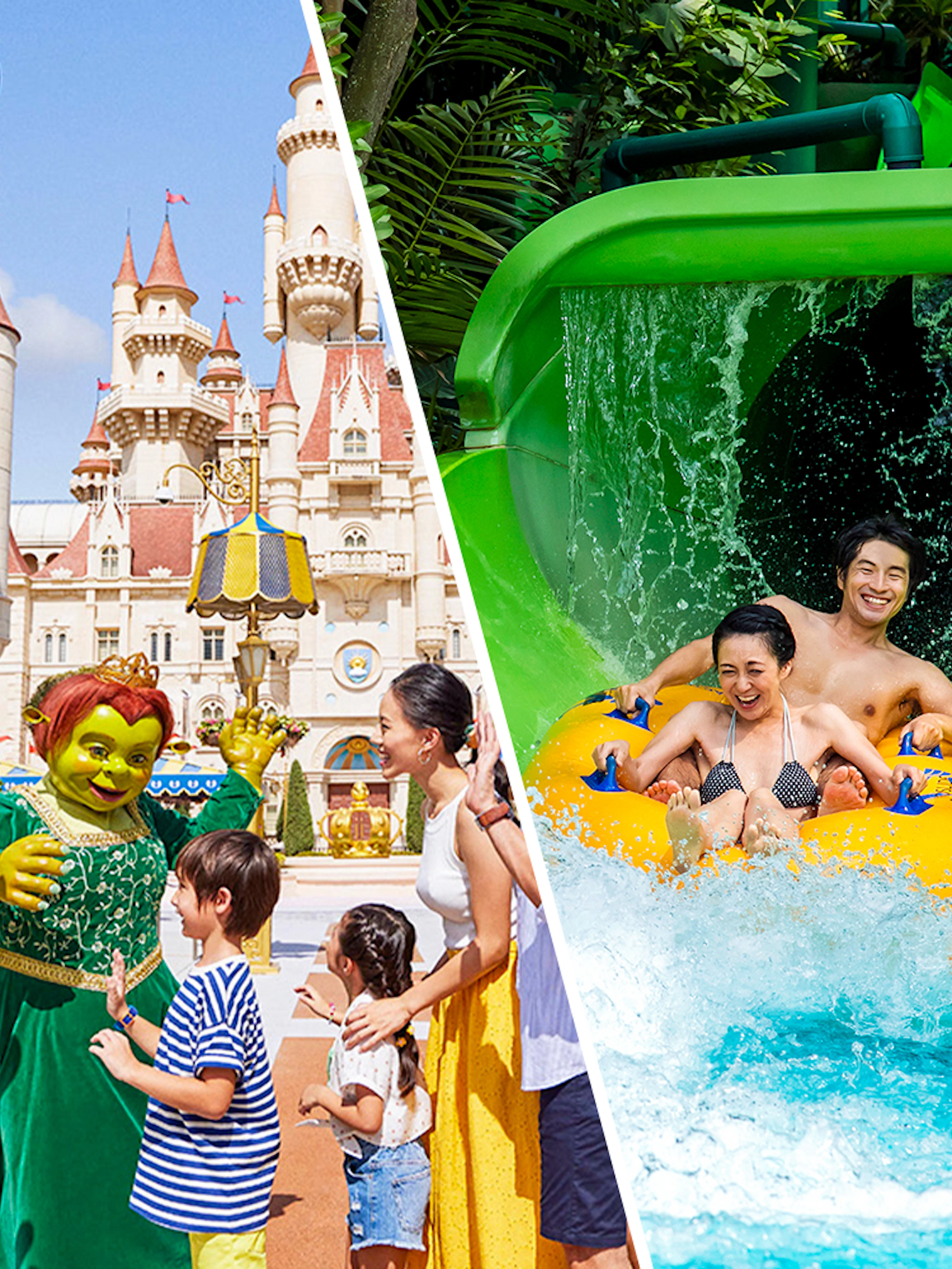 Universal Studios Singapore castle with characters and Adventure Cove Waterpark slide.