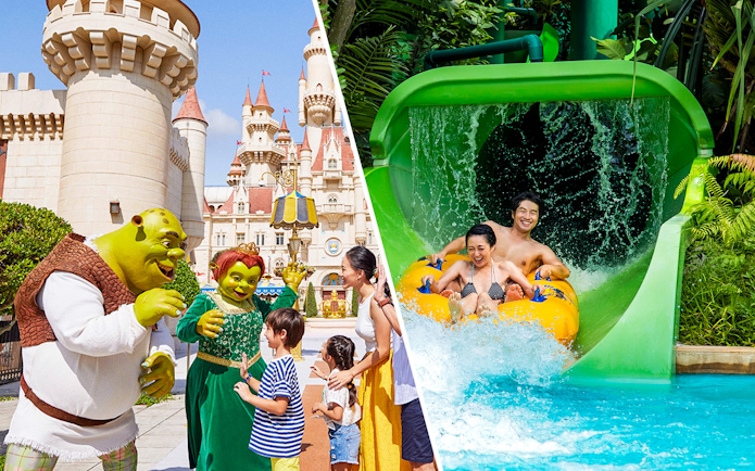 Universal Studios Singapore castle with characters and Adventure Cove Waterpark slide.