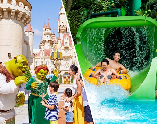 Universal Studios Singapore castle with characters and Adventure Cove Waterpark slide.