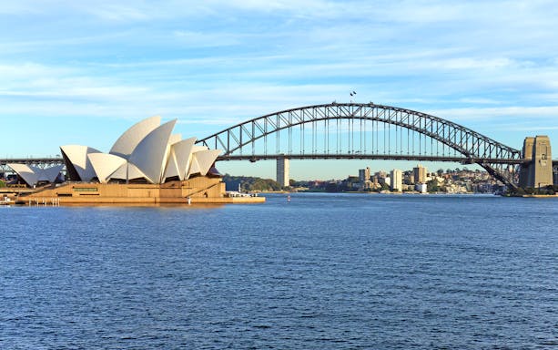 Sydney Opera House and Harbour Bridge viewed from the water during Captain Cook Rocket Sightseeing tour.