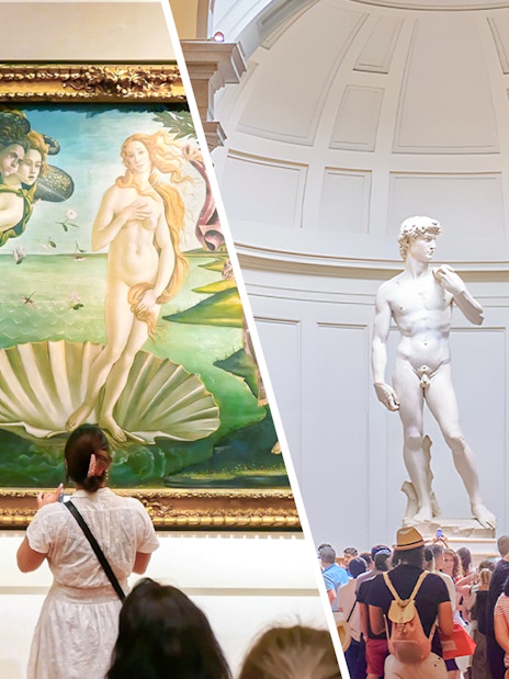 Visitors viewing Botticelli's "Birth of Venus" and Michelangelo's "David" in Florence museums.