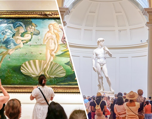 Visitors viewing art in Uffizi Gallery with skip-the-line tickets and host in Florence, Italy.