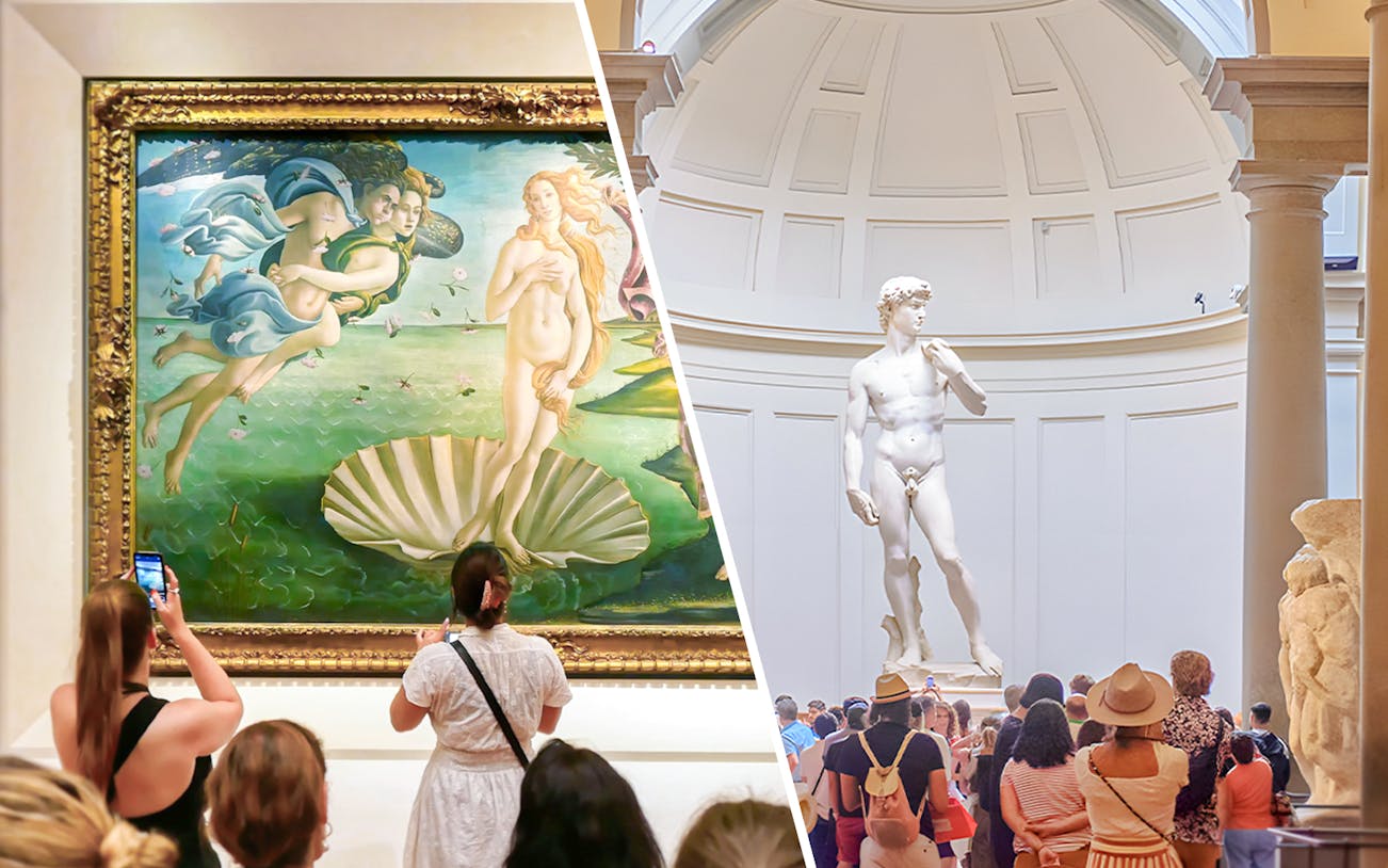 Visitors viewing Botticelli's "Birth of Venus" and Michelangelo's "David" in Florence museums.
