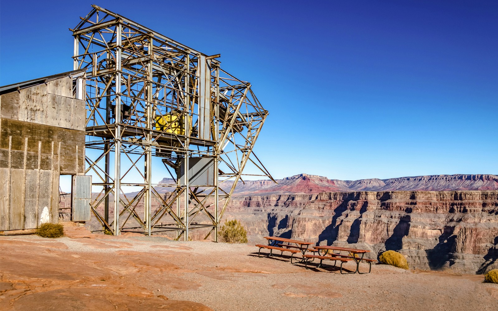 Abandoned cable aerial tramway at Guano Point, Grand Canyon West Rim, with scenic canyon views.