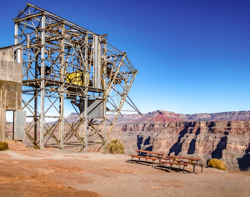 Abandoned cable aerial tramway at Guano Point, Grand Canyon West Rim, with scenic canyon views.