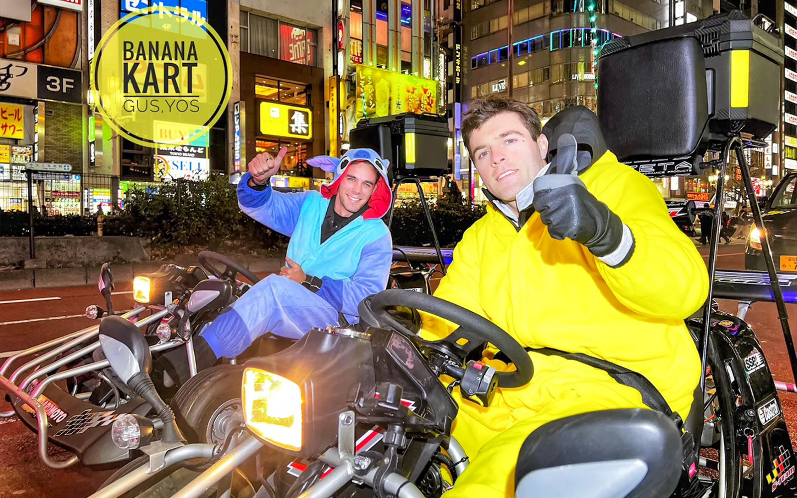 Go-kart riders in costumes on Tokyo street during Banana Kart tour from Shinjuku to Shibuya.