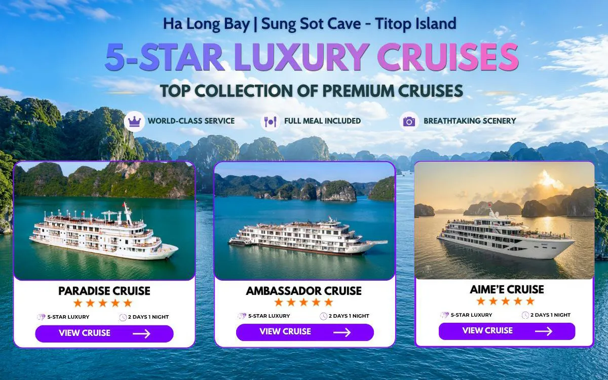 5-star cruises in Ha Long Bay with views of limestone islands and Sung Sot Cave.