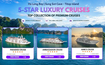5-star cruises in Ha Long Bay with views of limestone islands and Sung Sot Cave.